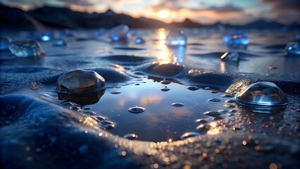 Stunning Sunset Reflections on Icy Shore: Glacial Landscape Photography 3D icon high quality resolution