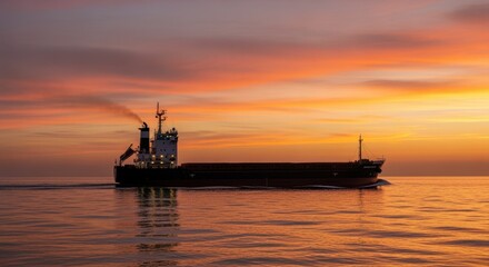 Obraz premium Large cargo ship is sailing on the calm ocean during a vibrant sunset, symbolizing international trade and maritime logistics in a picturesque seascape
