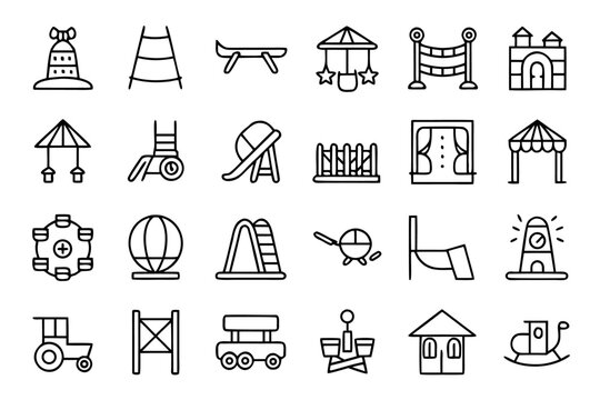Comprehensive collection of playful playground elements designed for application interfaces featuring vibrant colors and clear outlines for easy recognition and usability