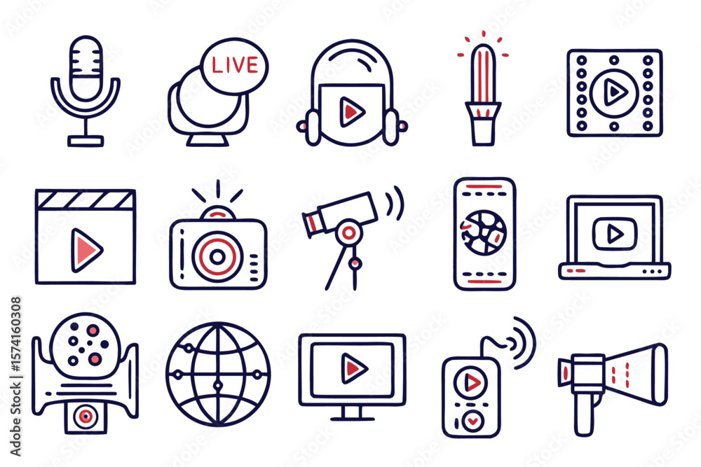 Poster collection of clean modern linear symbols representing live broadcasting media playback and digital 