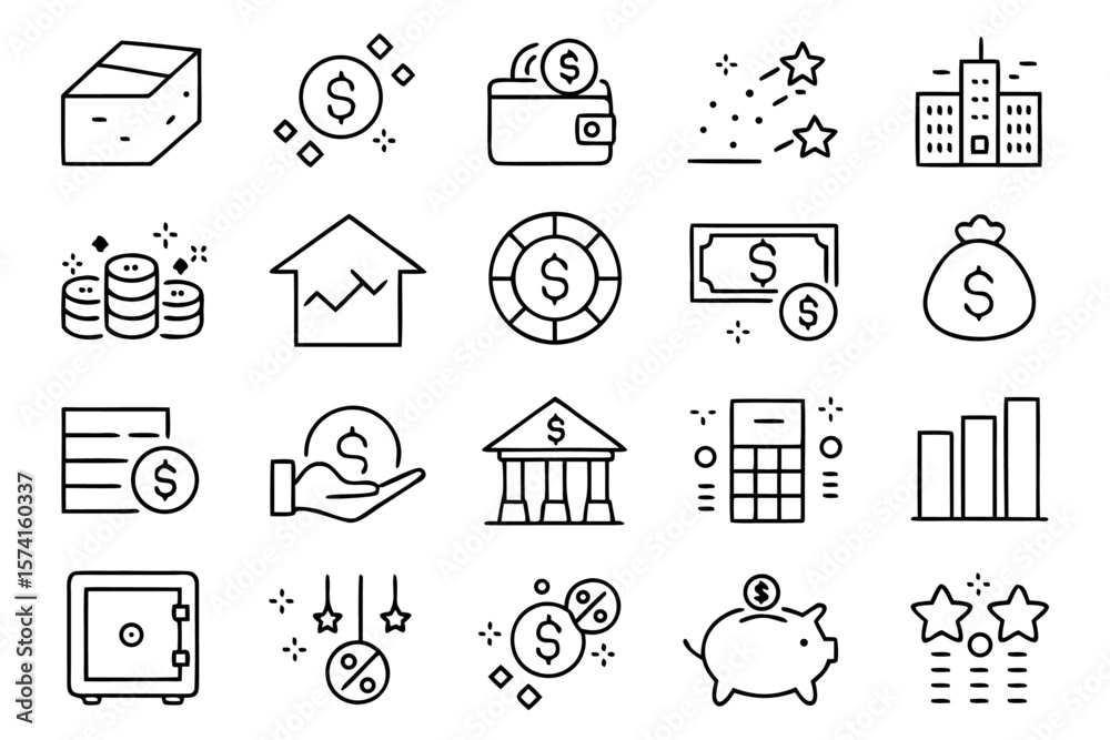 Poster a comprehensive collection of modern line style graphical elements representing financial concepts l