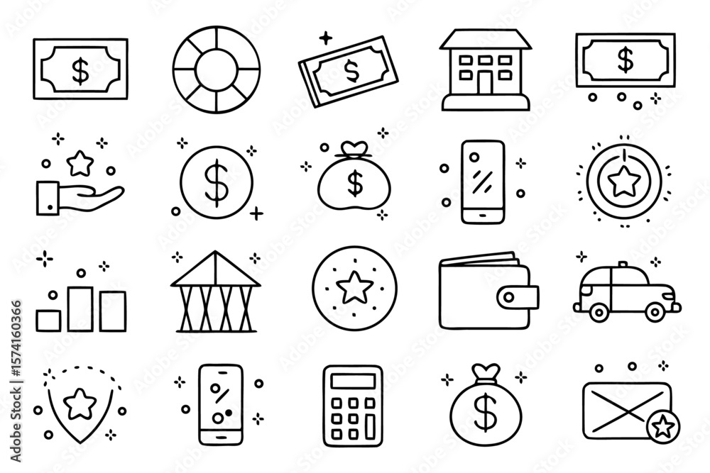 Poster comprehensive collection of clean modern line style symbols representing financial concepts such as 
