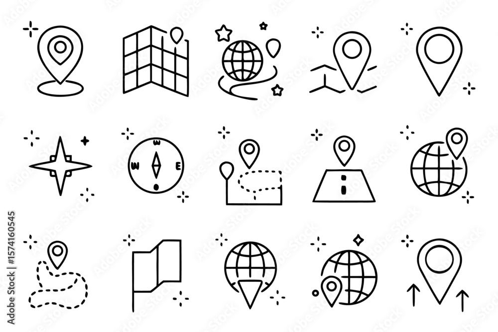 Poster comprehensive collection of clean outline style web symbols representing various location and naviga