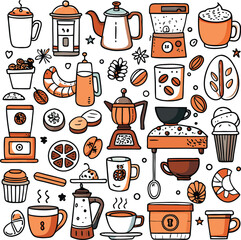 Seamless pattern with coffee cups mugs and vintage cafe breakfast icons in vector design