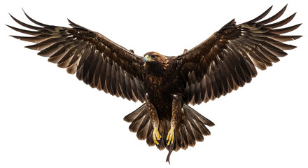 Obraz premium Majestic eagle in mid-flight with wings spread on white transparent background PNG