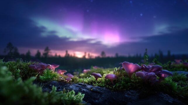 Glowing Mushrooms in a Forest at Night Under Aurora