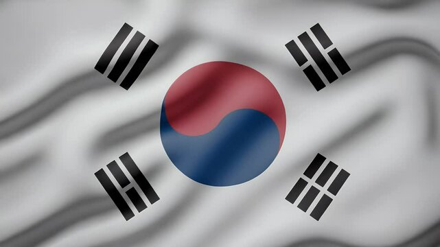 4K seamless loop footage of the South Korean flag waving gently. Features white background with a central Taegeuk symbol and black trigrams, symbolizing national identity.