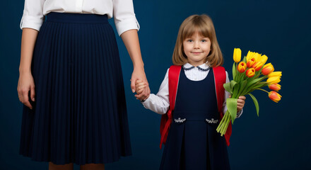Young schoolgirl in uniform with flowers and backpack holding her mother's hand. First day at school.