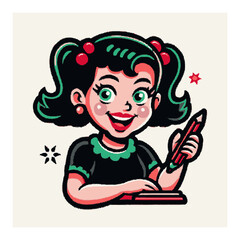 Cheerful Cartoon Girl with Pigtails Holding a Pencil in Vibrant Colors