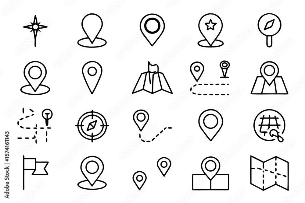 Poster collection of stylized location markers and navigation symbols presented as clean distinct graphic e