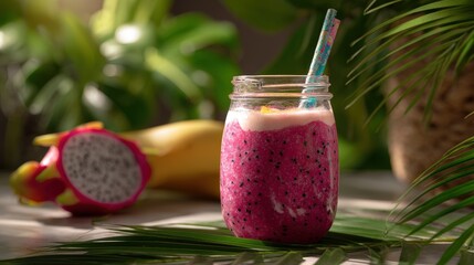 Pink Dragon Fruit Smoothie in Jar with Banana and Tropical Leaves