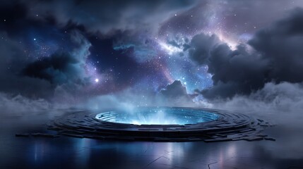 Dark Blue Night Sky with Glowing Galactic Circle and Cloud Reflections