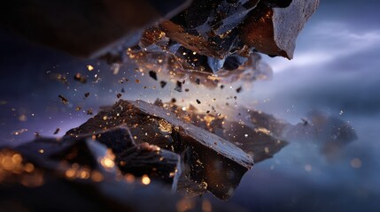 Dark Blue and Gold Shattered Rocks Digital Art