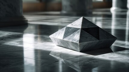 Abstract Gray Marble Pyramid Sculpture on Polished Floor