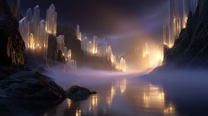 Crystal City at Dusk: A Mystical River Landscape