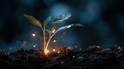 Glowing Sprout Emerging from Dark Soil at Night