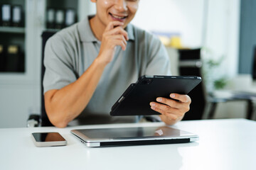 Businesswoman hand working digital marketing media in virtual screen with mobile phone and modern...