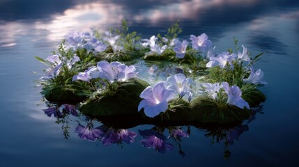 Purple Flowers on a Small Floating Island Reflected in Calm Water