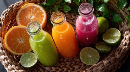 Three Colorful Bottles of Fresh Juice with Citrus Fruits