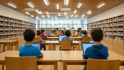 Group of pupils sitting at desks using laptops in modern school library, learning coding or doing online research for project, large windows letting in natural light - Powered by Adobe