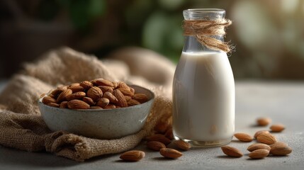 Almond Milk in Glass Bottle with Bowl of Almonds
