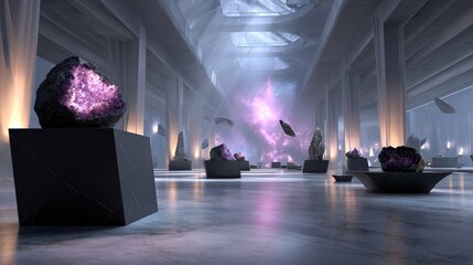 Crystalline Sculptures in a Futuristic Hallway