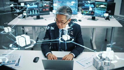 Manager with data network, virtual reality overlay, in modern office - Powered by Adobe