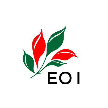 EOI Abstract Botanical Logo with Elegant Typography, EOI  Later Logo, Modern Nature Inspired Logo with Red and Green Leaves.
