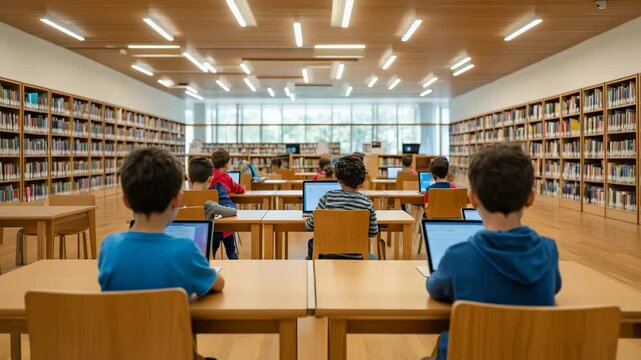 Group of pupils sitting at desks using laptops in modern school library, learning coding or doing online research for project, large windows letting in natural light