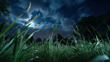 Night Field with Moonlit Grass Blades
