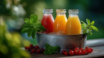 Three Colorful Fruit Juices in Bottles on Ice