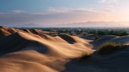 Sunrise Over Desert Sand Dunes With Distant Cityscape
