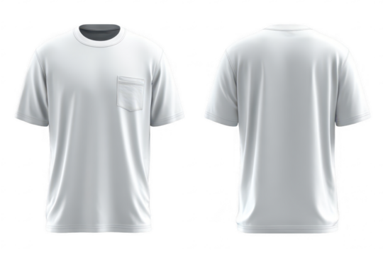 Front and back view of a plain white t-shirt with a single chest pocket
