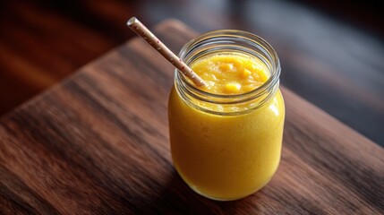 Golden Mango Smoothie in Glass Jar on Wooden Table