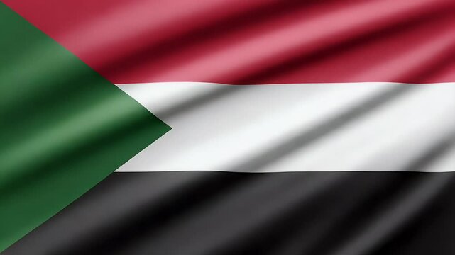 4K seamless loop footage of the Sudanese flag waving gently. Features red, white, black stripes with a green triangle, symbolizing national identity and unity. Ideal for patriotic content.