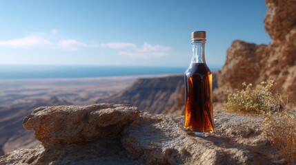 Dark Brown Liquid in Glass Bottle on Desert Clifftop