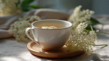 Elderflower Tea in White Cup on Wooden Coaster