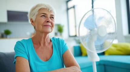 Old white woman cooling with fan in hot modern room