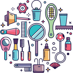 Set of hair accessories and hair care objects vector icons collection