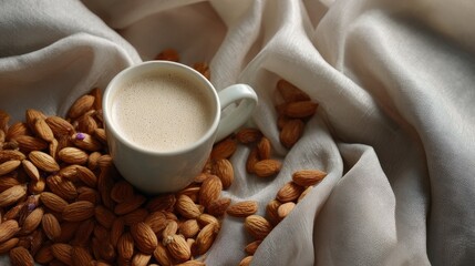 Creamy Coffee with Roasted Almonds on Soft Fabric