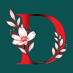 Elegant Floral Letter D Design with Red Gradient and White Flowers on Dark Teal Background for...