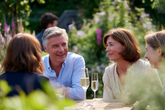 Smiling mature caucasian adults enjoying outdoor gathering in garden setting - Powered by Adobe
