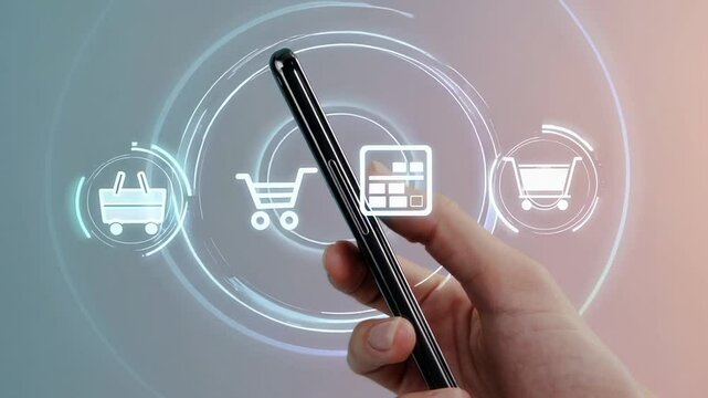 Customer finger touching smartphone screen, completing online payment transaction with futuristic glowing icons representing shopping basket, shopping cart, and payment method