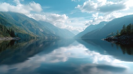 Serene Mountain Lake Reflection Under Blue Sky
