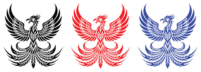 Stylized Phoenix Bird Mascot in Tribal Tattoo Style Vector Illustration Set