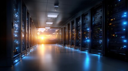 Modern Data Center Server Room with Sunset View