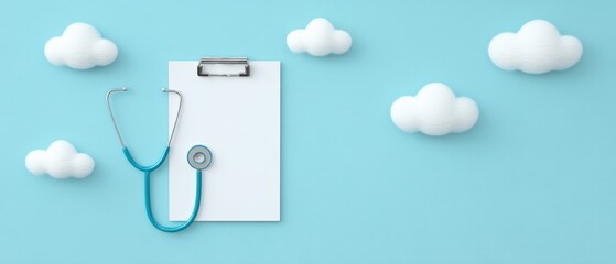 Healthcare action stethoscope and clipboard setup medical office visual content calm blue environment aerial view health awareness