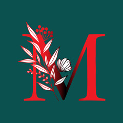 Elegant Floral Letter M Design with Red Gradient and White Flowers on Dark Teal Background for Decoration