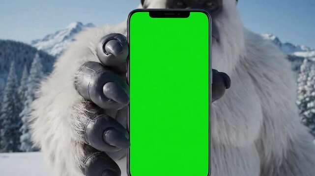 Yeti comes out and shows the mobile with green screen. 