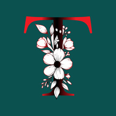 Obraz premium Elegant Floral Letter T Design with Red Gradient and White Flowers on Dark Teal Background for Decoration